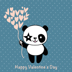 Valentine card with cute panda and hearts. Love concept. Illustration on a blue background