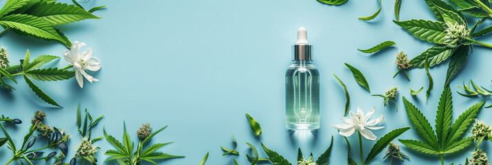 Glass bottle with dropper surrounded by cannabis leaves and buds on a blue background, showcasing CBD oil products. Banner with copy space.