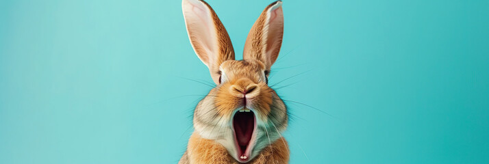 Joyful rabbit with long ears raised high and wide open mouth, appearing to cheer or laugh against a light background, expressing humor, delight, or excitement. Easter concept. Banner with copy space.