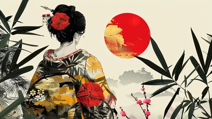 Fototapeta premium Japanese woman in national costume kimono admiring the landscape. Geisha with a red flower in her hair standing back. Painting in the style of watercolor painting or sketch. Design for cover or print