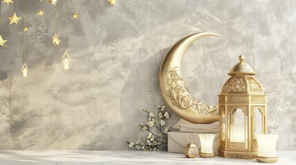 Beautiful islamic background with gift box, lantern, and gold crescent moon on white - perfect for ramadan kareem, mawlid, iftar, isra and miraj, eid al fitr or eid al adha celebrations