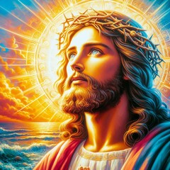 Oil Painting of Jesus Christ Against a Sunny Background - obrazy, fototapety, plakaty