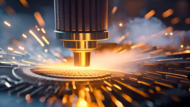 A Laser CNC cut of metal with light spark, technology modern industrial.generative ai