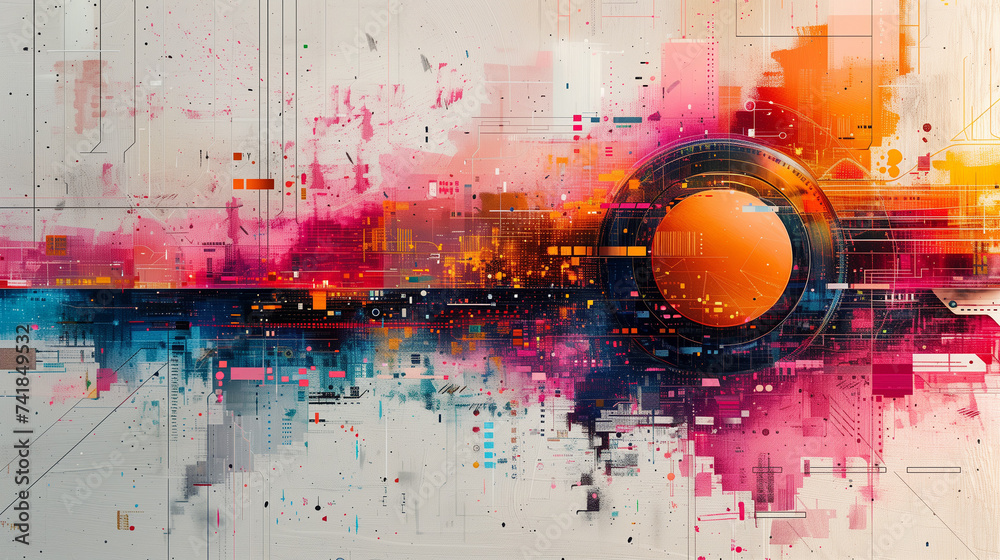 Fototapete futuristic technology background with high tech user interface. mixed media