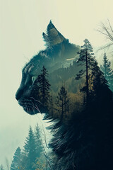 Whiskered Wilderness: A Double Exposure Portrait created with Generative AI technology - obrazy, fototapety, plakaty