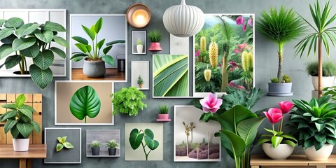 stylish mood board, flowers, plants - obrazy, fototapety, plakaty