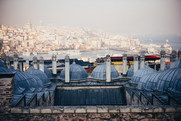 Panoramic view of Istanbul seen from the viewpoint of Suleymaniye mosque in Istanbul, Turkey. - 741850740
