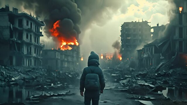 Desperate Poor Afraid Child Standing in The Middle of War Zone Deserted Demolished City Buildings Burning in the Background,generative ai