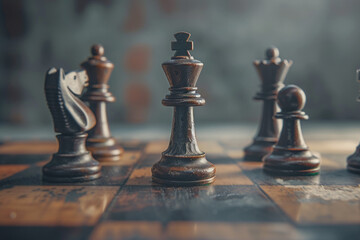 Fototapeta premium A strategic battle of wits on a black and white battlefield, where the king's chessman reigns supreme on the checkered tabletop