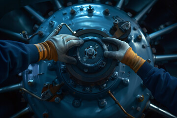 Fototapeta na wymiar Expert hands clad in protective gloves work diligently on a powerful machine, crafting precision auto parts with intricate engineering, all while the gleaming metal rotor spins in perfect synchroniza