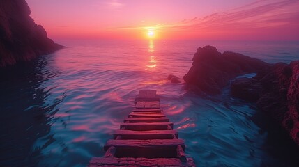 Ladder to the Future success : A ladder disappearing into the horizon against a backdrop of a vibrant sunset, symbolizing the endless possibilities and opportunities that lie ahead 