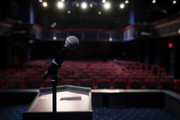 A lone figure stands in a hushed auditorium, their voice amplified by the microphone on the podium, commanding attention and setting the tone for the room
