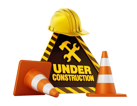 Under construction signboard, helmet and traffic cone. Transparent background. 3D illustration