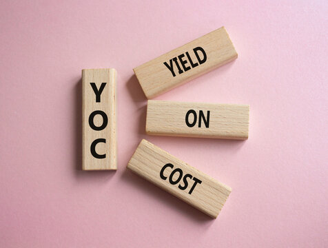 YOC - Yield on Cost. Wooden cubes with word YOC. Beautiful pink background. Business and YOC concept. Copy space.