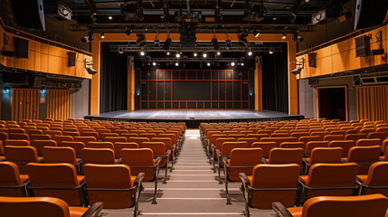 The grand hall awaits, with rows of orange chairs under the dazzling lights, ready to welcome an audience for a spectacular performance in the indoor theater