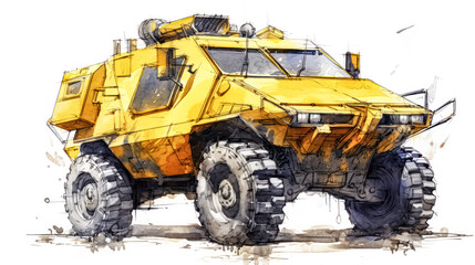 A dynamic watercolor sketch of a combat vehicle with yellow gray lines