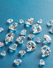  Beautiful luxury diamonds scattered on a blue background 