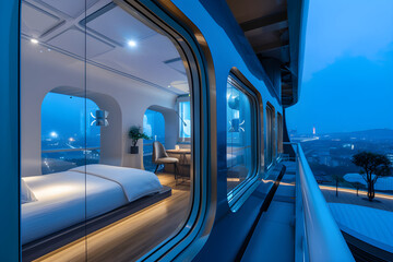design ad for futuristic Capsule hotel in Japan. travel, tourism. evening, japanese culture