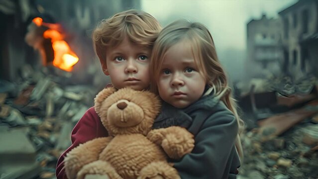 Desperate Poor Afraid Child boy and girl crying Standing holding Old teddy bear in The Middle of War Zone 