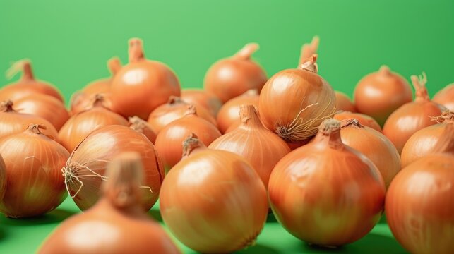 The image showcases a collection of golden-brown onions with their dried, wispy roots intact, arranged closely together against a monochromatic bright green backdrop, creating a striking contrast that