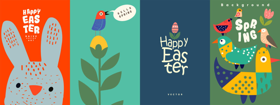Collection of naive art style vector illustrations for Easter and Spring, featuring playful rabbits, colorful birds, and simple floral designs with festive greetings.