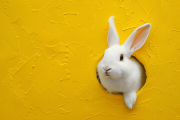 Curious easter bunny or rabbit peeking through a hole on yellow background, greeting card - obrazy, fototapety, plakaty