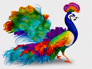 rainbow peacock clipart, cartoon illustration, on white background,