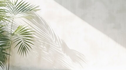 Tropical palm leaf shadow on white wall background. Copy space