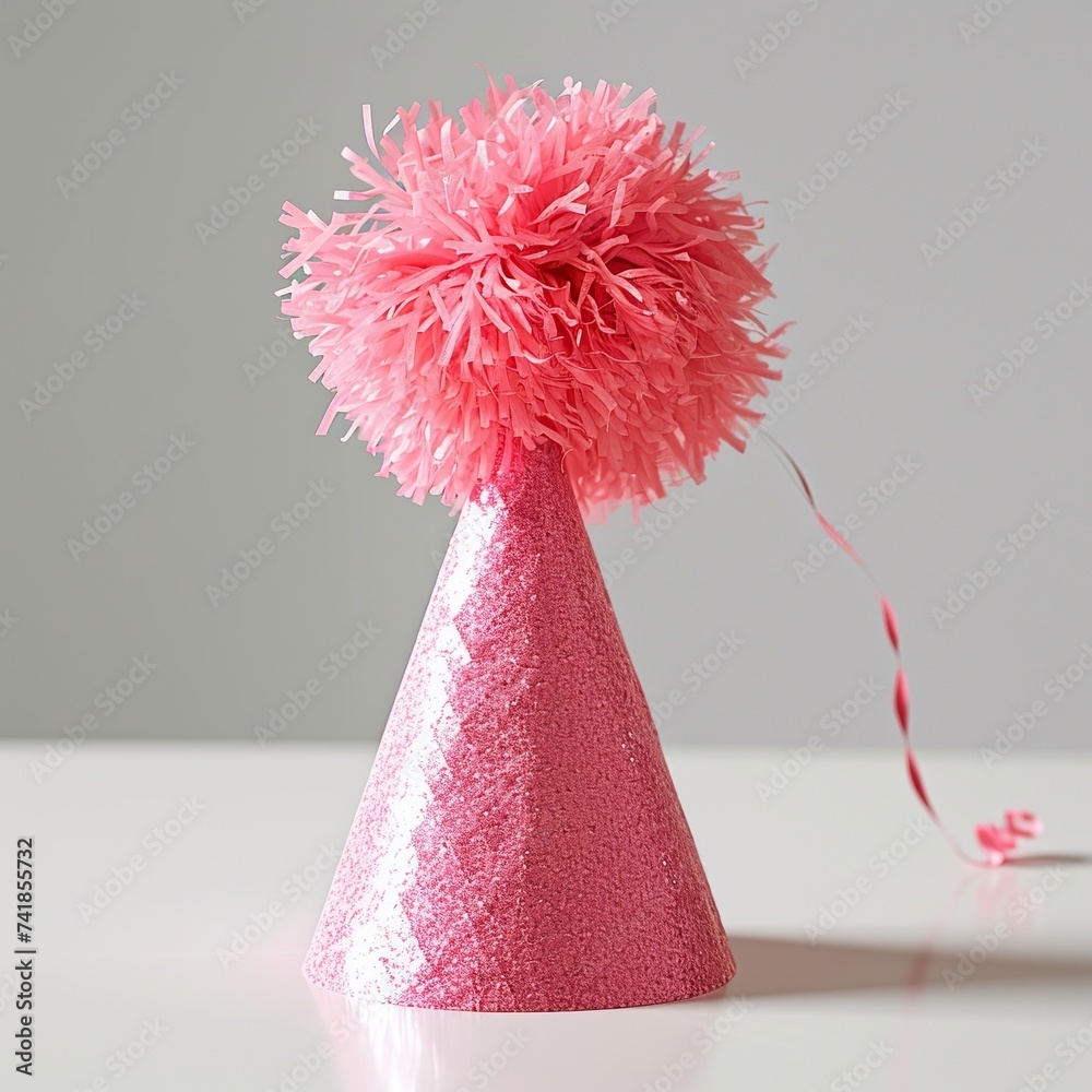 Wall mural Pink Striped Party Hat isolated on white, Elegant Pink Party Hat with Feather Trim, Pink Birthday Party Hat with Fluffy Pom-Pom, Festive Birthday Party Hat, White Background,Party Hat,Easy to Cut Out
 - Wall murals