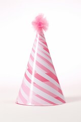 Pink Striped Party Hat isolated on white, Elegant Pink Party Hat with Feather Trim, Pink Birthday Party Hat with Fluffy Pom-Pom, Festive Birthday Party Hat, White Background,Party Hat,Easy to Cut Out
