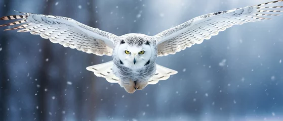 Poster A snowy owl is soaring gracefully through the snowy sky © Kseniya