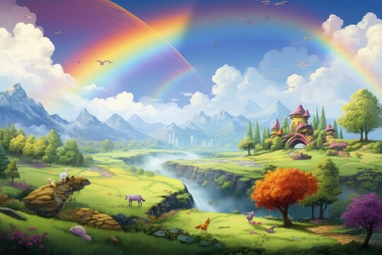 beautiful rainbow crossing a landscape full of cute creatures.
