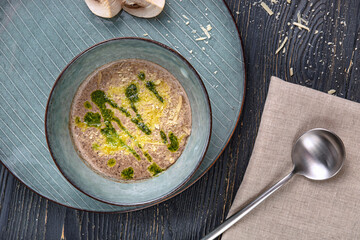 Mushroom Cream Soup with Pesto and Cheese
