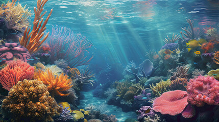 Fototapeta premium Underwater wild world with colorful corals and fish and sun rays through the water