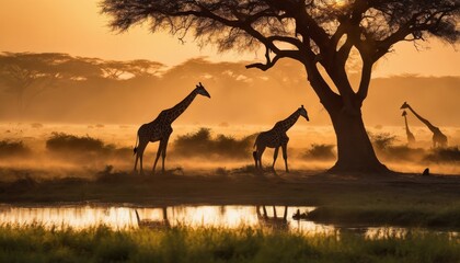 Fototapeta na wymiar giraffe, animal, safari, sunset, africa, nature, kenya, savanna, wild, wildlife, tree, sky, sun, outdoor, travel, Gentle Giants and Swift Predators Roam Amidst Verdant African