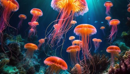 jellyfish, aquarium, underwater, abyss, medusa, ocean, water, aquatic, reef, sea, animal, blue, nature, abstract, undersea, deep, background, sea life, Mystical Bioluminescent Creatures Illuminate