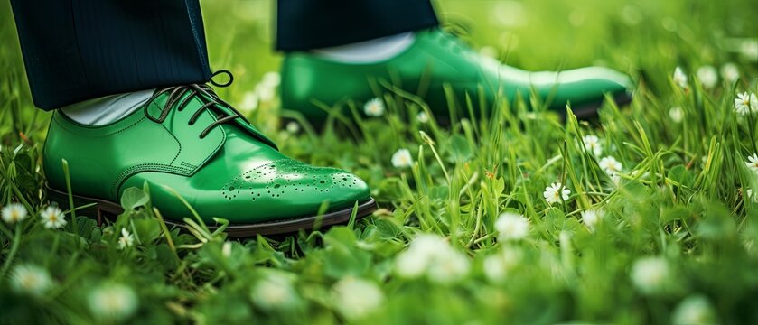 A leprechaun in brown boots and green pants stands on the clover grass. A man in brown shoes stands on the grass.