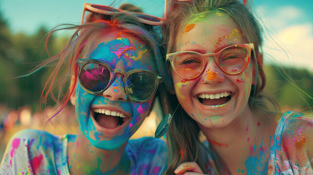 Holi is a bright Indian festival of colors, beautiful happy young girls with colored faces