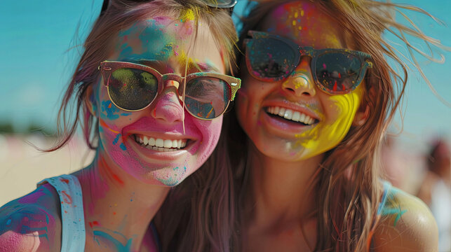Holi is a bright Indian festival of colors, beautiful happy  girls with colored faces