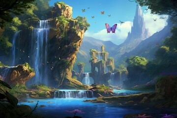 floating island with enchanting waterfalls and butterflies.