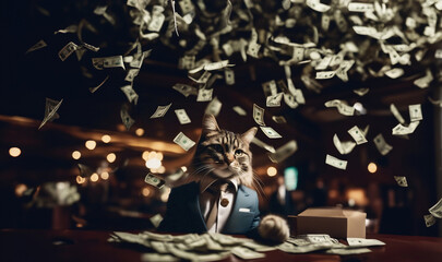 cat in a business suit in a casino won a lot of money, the bills are falling. Winning the casino...