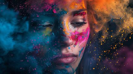 Holi bright Indian festival of colors, beautiful happy young woman with colored face