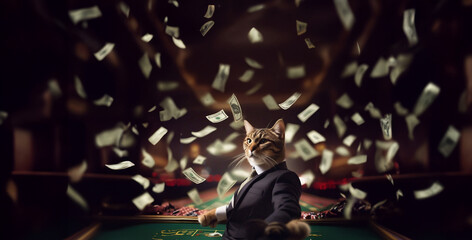 cat in a business suit in a casino won a lot of money, the bills are falling. Winning the casino lottery