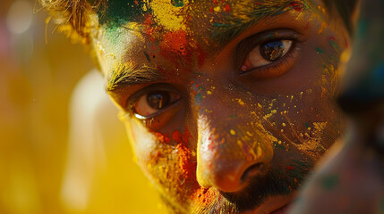 Holi is a vibrant Indian festival of colors, an Indian man with a colored face from colors