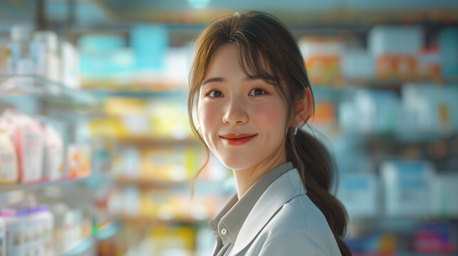 Smiling female asian pharmacist in drugstore store