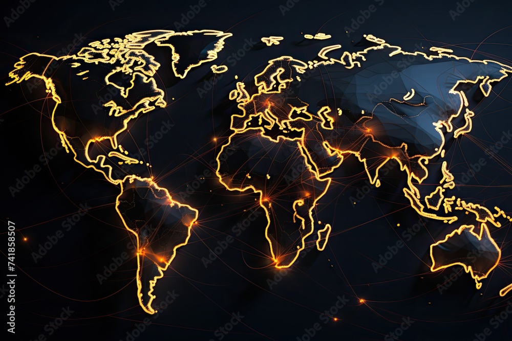 Poster global map crisscrossed with lines representing intricate dance delivering goods across the world.