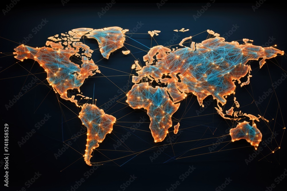 Poster global map crisscrossed with lines representing intricate dance delivering goods across the world.