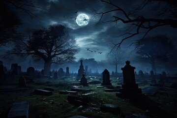 graveyard at night illuminated by full moonlight - obrazy, fototapety, plakaty