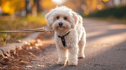 Cute maltipoo dog on a walk outside, blurred background - obrazy, fototapety, plakaty