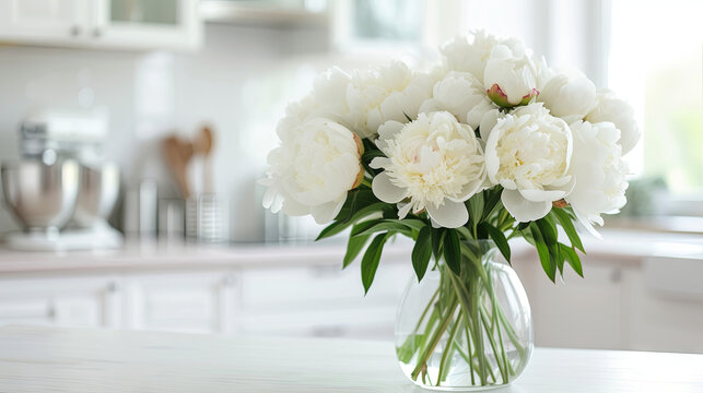 Bouquet of white delicate peonies on the table